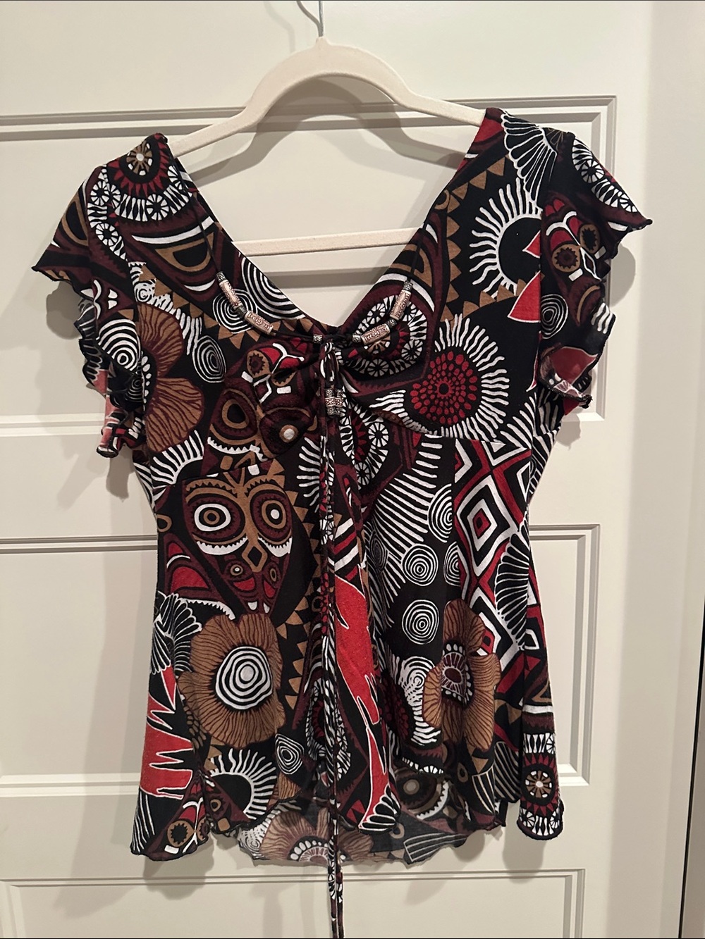 Cato Black, Red & Brown Graphic Tie-Front Blouse